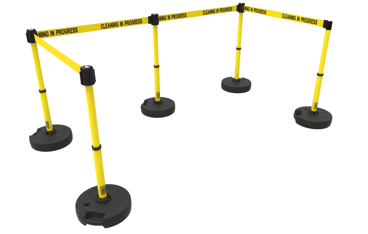 Banner Stakes Plus Barrier Set X5 With Yellow "Cleaning in Progress" Banner